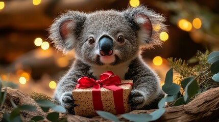 Adorable baby koala is holding a christmas present with a red ribbon, sitting on a tree branch with eucalyptus leaves. The background is decorated with warm christmas lights