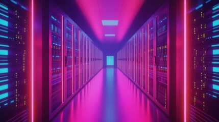 Fototapeta premium A futuristic data center corridor illuminated with vibrant neon lights, showcasing advanced technology and sleek server racks.