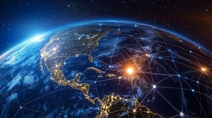 A stunning view of Earth at night, showcasing cities illuminated and connected by a network of glowing lines.