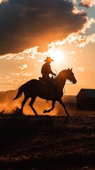 Cowboy rides his horse back to the barn at sunset, creating a picturesque scene of traditional ranch life in the american countryside