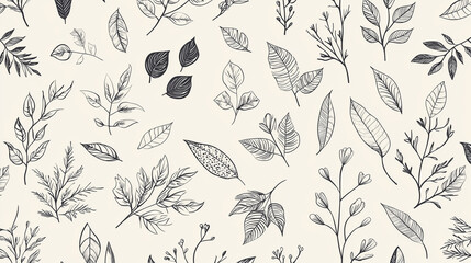 Elegant Hand-Drawn Botanical Leaf Pattern, Black and White Minimalist Nature Illustration
