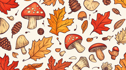 Autumn Pattern with Mushrooms, Pinecones, and Colorful Leaves, Rustic Fall Illustration