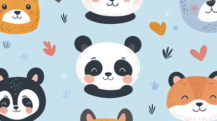 Cute Animal Faces Seamless Pattern with Panda, Fox, and Bear on Light Blue Background, Adorable Nursery Design