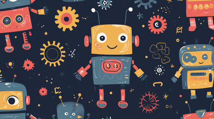 Colorful Cartoon Robots and Gears on Dark Background, Playful Futuristic Children&rsquo;s Pattern