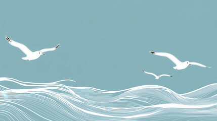 Minimalist Seagulls Flying Over Abstract Ocean Waves, Soothing Blue Coastal Illustration