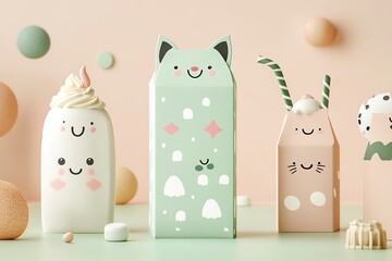 Whimsical milk cartons with cute designs, featuring playful faces and pastel colors, ideal for children's themes and fun illustrations.