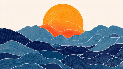 Vibrant Abstract Landscape with Sunrise and Wavy Blue Mountains