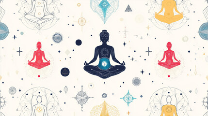 Seamless Meditation and Chakra Pattern with Spiritual Symbols in Abstract Design