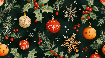 Festive Christmas Seamless Pattern with Ornaments, Holly, and Snowflakes on Dark Green Background