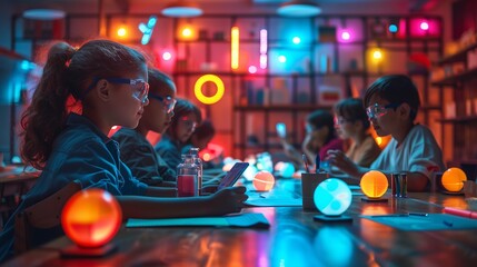 Children engaged in learning in a modern classroom equipped with advanced educational technology.