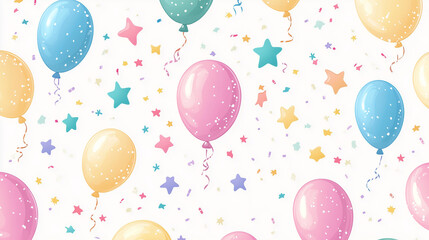 Colorful Balloons and Stars Seamless Pattern with Confetti on White Background