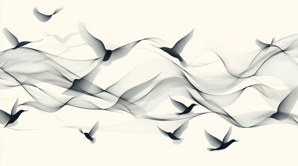 Abstract Flying Birds with Flowing Lines in Minimalist Black and White Design