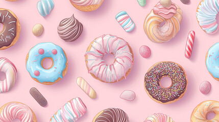 Pastel Donuts and Sweets Seamless Pattern with Candy and Frosting on Pink Background