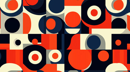 Bold Abstract Geometric Pattern with Retro Circles and Shapes in Red, Black, and Cream