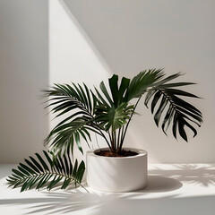 Obraz premium Minimalistic White Top View Flat Lay Product Display Background With Podium Stand And Palm Leaf Shadows