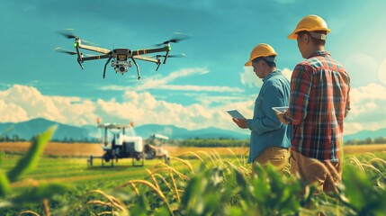 Modern agricultural field with drones monitoring crops and automated irrigation systems, showcasing advanced farming techniques.