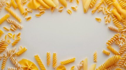 Obraz premium An assortment of uncooked pasta varieties arranged in a decorative pattern on a light background for culinary inspiration