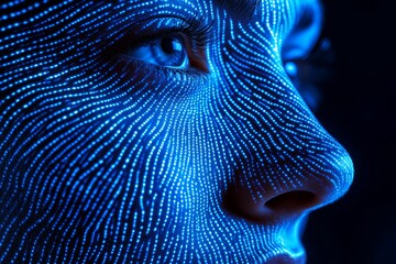 Close up profile of a woman in a glowing blue digital environment wearing a sleek VR headset symbolizing the fusion of human cognition and advanced virtual reality technology