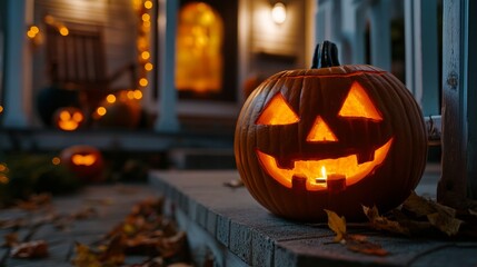 Fototapeta premium Carved pumpkin with a glowing candle inside sits on the steps of a house decorated with string lights for halloween. The warm light creates a festive atmosphere