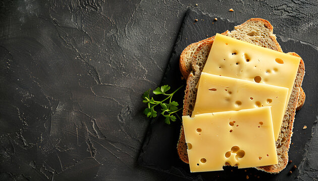 Gouda cheese slices on rye bread isolated, top view