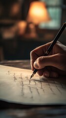 Writer is working at night, using a fountain pen to write a letter on a sheet of paper under the warm light of a lamp