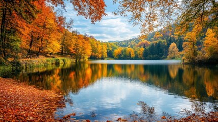 Obraz premium Tranquil lake reflecting the vibrant colors of the surrounding forest during the peak of autumn. The fallen leaves create a colorful carpet on the ground, adding to the beauty of the scene