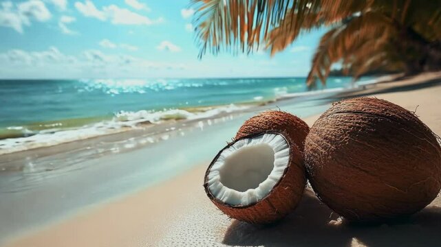 Ripe coconuts on pristine tropical beach with crystal-clear turquoise water, vibrant palm leaves, and soft white sand, ideal for luxury resort promotions, summer cocktail advertisements, and exotic fr