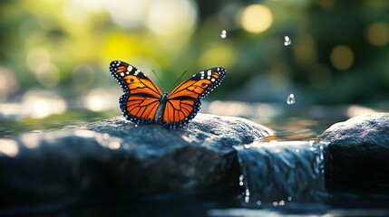 Obraz premium Butterfly Perched on Fountain Edge, Water Droplet Adding a Touch of Elegance photo