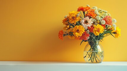 Obraz premium Arrangement of Glorios flowers in a glass vase on a white shelf against a yellow backdrop