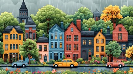 A colorful street scene with houses, cars, and a girl holding an umbrella