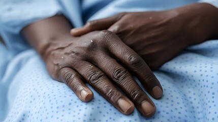 Fototapeta premium African American patient's hand with small white spots, emphasizing skin texture, while resting in a hospital bed. Symbolizing care and diversity in healthcare