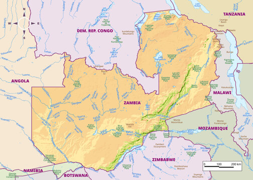 Detailed physical map of Zambia