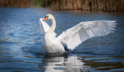 Naklejka premium Swan on the water with its wings spread wide and its head held high 