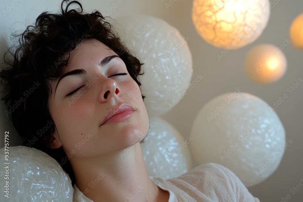 Sticker relaxing image of a woman resting with eyes closed surrounded by soft white light and neural network