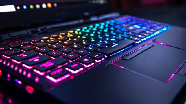 Close-up of a backlit laptop keyboard with colorful RGB lighting. The keyboard is illuminated with a spectrum of colors.