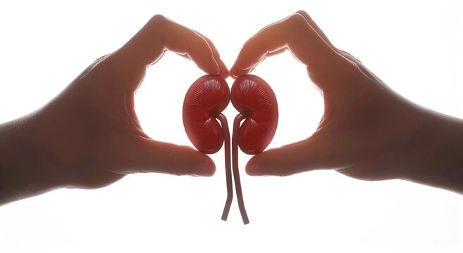 Two hands making a heart shape with a realistic human kidneys in white background. Wallpaper photo background for World Kidney Day celebration, healthy campaign, studying medic, human anatomy, biology