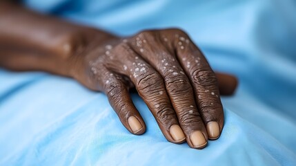 Fototapeta premium African American patient's hand with small white spots, emphasizing skin texture, while resting in a hospital bed. Symbolizing care and diversity in healthcare