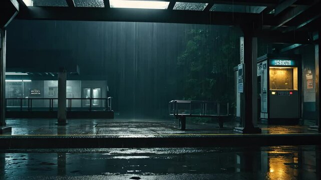 Video footage of dimly lit, rainy scene at public transportation station night, is a strong reflection on the wet ground from the lights