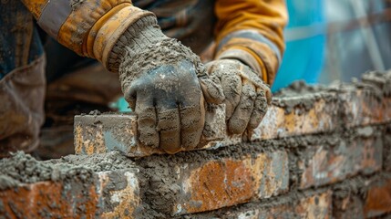 Close-up of a construction worker's hands laying bricks