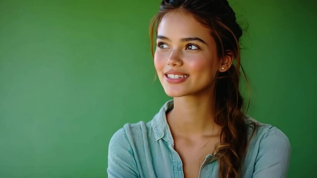 Enchanting video portrait of a smiling young woman with long wavy hair and subtle makeup. Green screen backdrop for diverse video content creation and marketing purposes