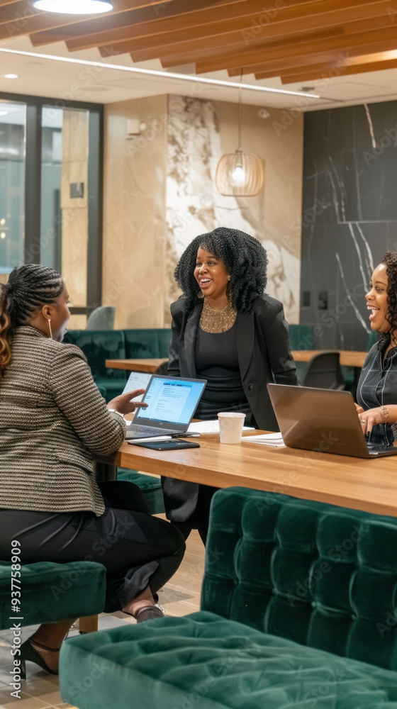 Poster gathered around a stylish table, three women share ideas and laughter while collaborating on a proje