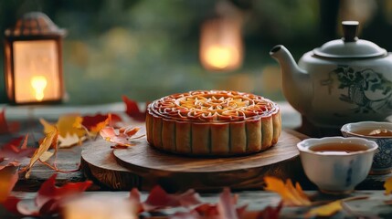 A detailed shot of a mooncake with a golden crust and lotus seed filling, placed on a wooden board with a teapot and cups nearby, surrounded by lanterns and autumn leaves, evoking the rich cultural