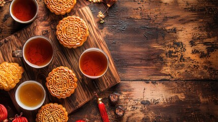 An artistic representation of mooncakes and tea cups arranged on a wooden board, with a background of traditional Chinese calligraphy and lanterns, creating a sense of elegance and sophistication