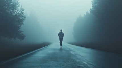Silhouette of a Runner in a Misty Forest