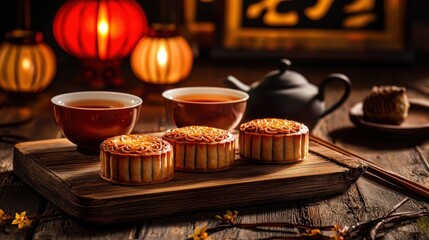 An artistic representation of mooncakes and tea cups arranged on a wooden board, with a background of traditional Chinese calligraphy and lanterns, creating a sense of elegance and sophistication