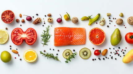 Naklejka premium Fresh salmon fillet surrounded by vibrant fruits, nuts, and herbs on a clean white background highlighting healthy eating
