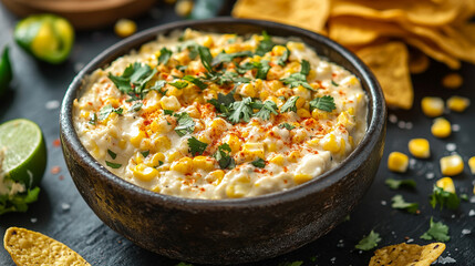 Delicious Mexican street corn dip served in a black bowl alongside tortilla chips, garnished with cilantro and lime on a rustic table