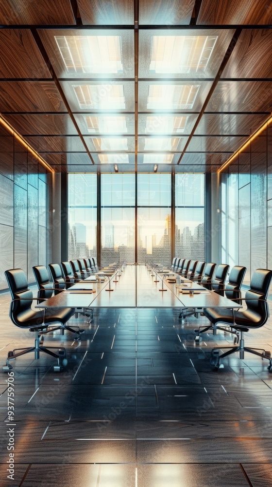 Poster this spacious conference room features sleek design elements, panoramic views of the city, and ample