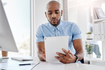 Black man, tablet and planning agenda in office, publicist and online for public relations platform. Male person, professional and email for client liaison, press release and social media for search