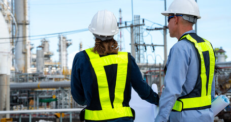 Team Petroleum chemical engineer discussion about blueprint drawings inside Oil Refinery Gas Chemical site. Senior Engineer wearing safety jacket and PPE working about Petro Chemical plant